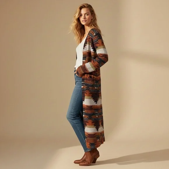 Lucky Brand Aztec Southwestern Open-Front Longline Duster – Size Medium - Picture 11 of 12